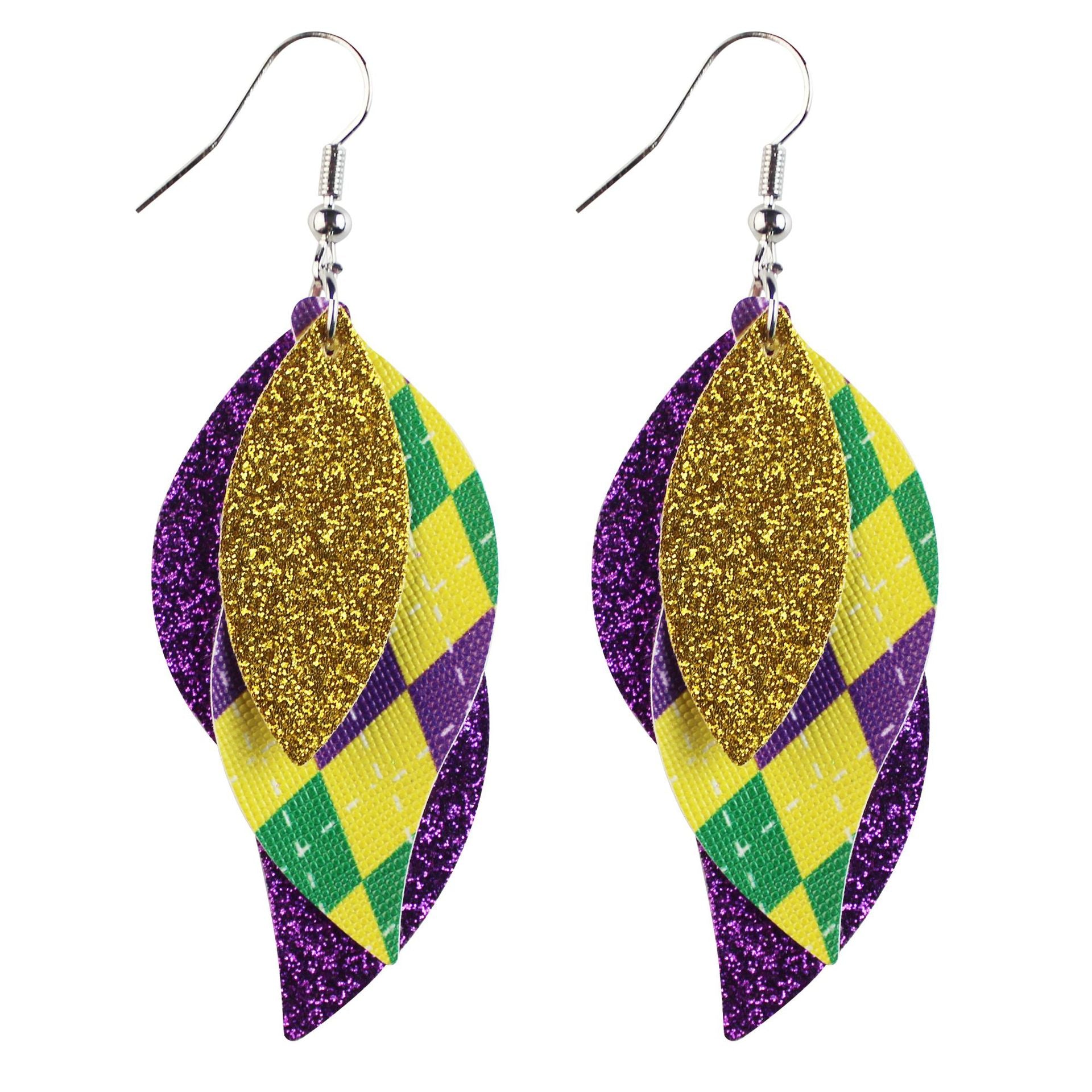Wholesale Mardi Gras Cross Pattern Single Side Print Three Layer Leather Earrings