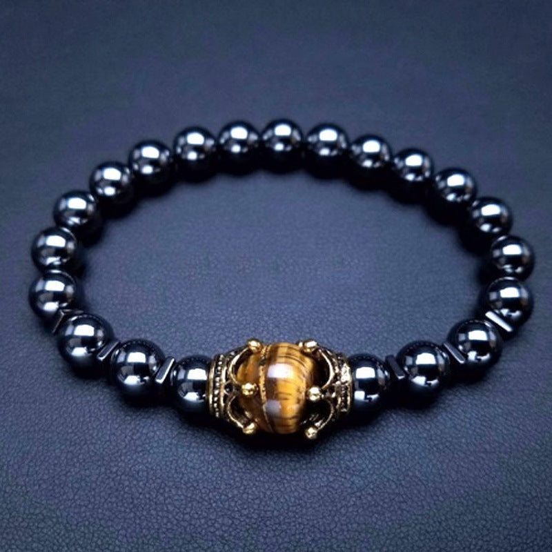 Wholesale Tiger Eye Frosted Crown Beaded Elastic Men's Bracelet