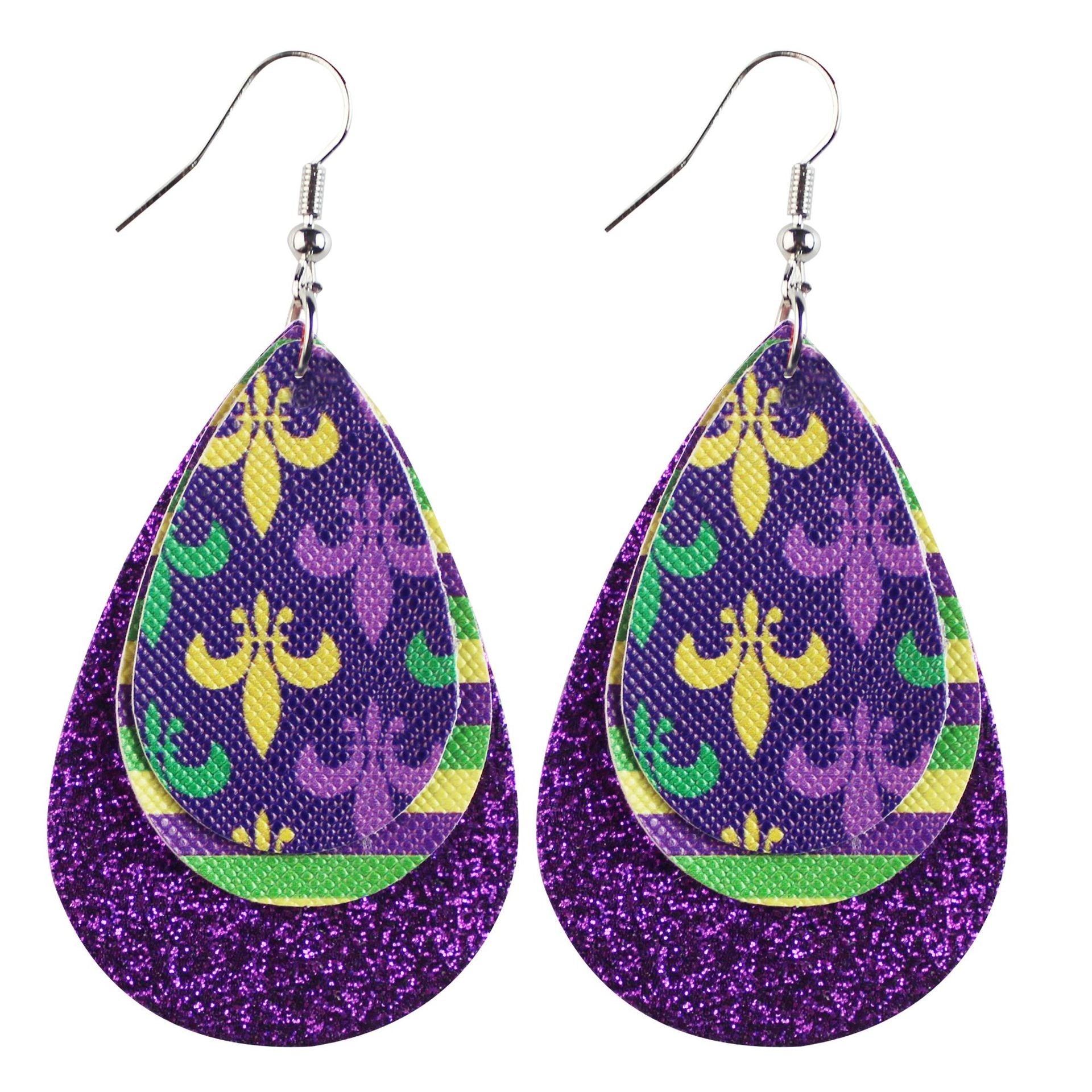 Wholesale Mardi Gras Cross Pattern Single Side Print Three Layer Leather Earrings