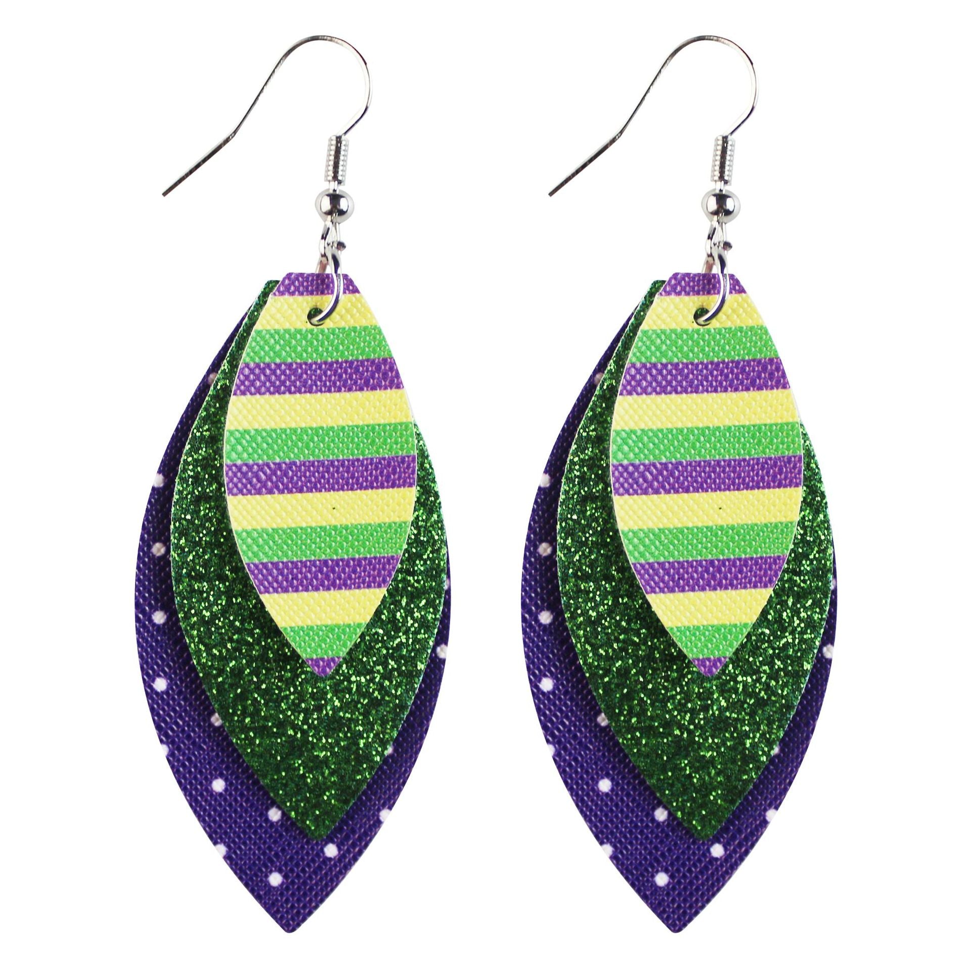 Wholesale Mardi Gras Cross Pattern Single Side Print Three Layer Leather Earrings