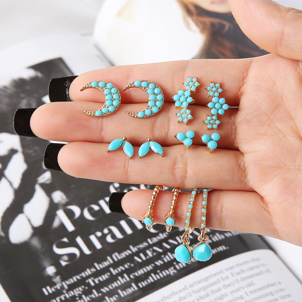 Wholesale Vintage Minimalist Metal Turquoise Star Moon Stud Earrings