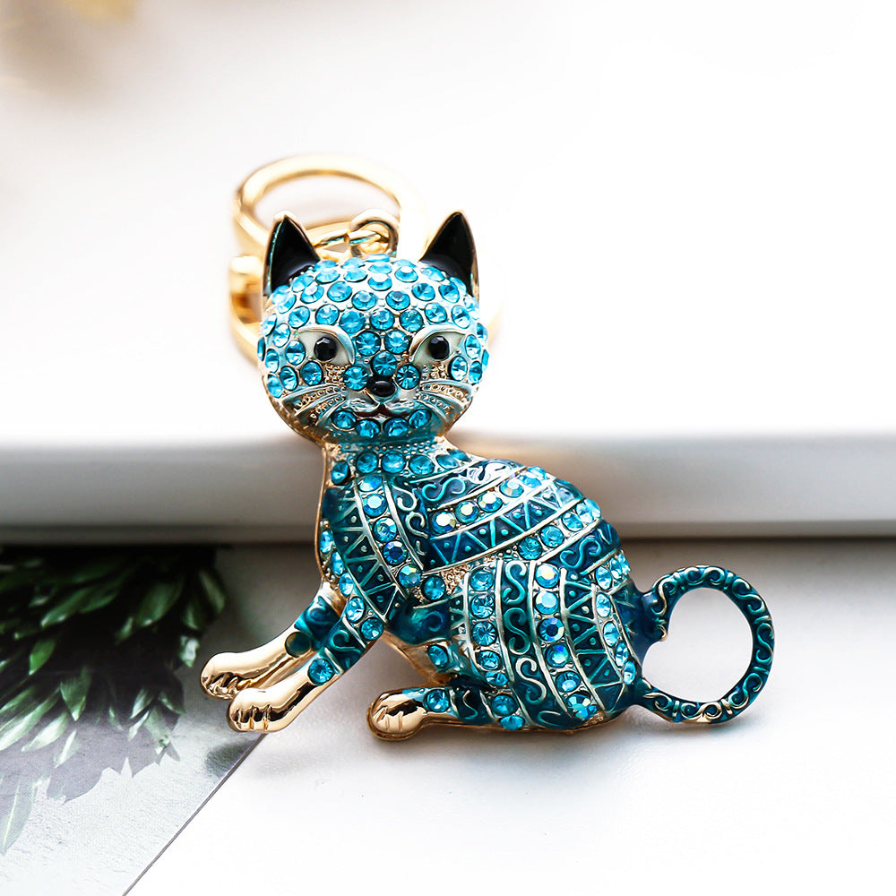 Wholesale Colorful diamond-studded cartoon cat metal keychain