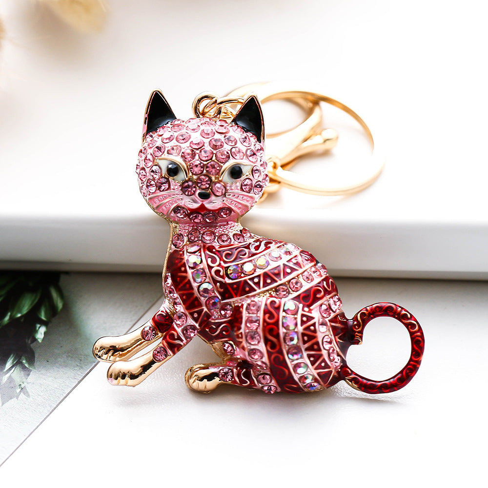 Wholesale Colorful diamond-studded cartoon cat metal keychain