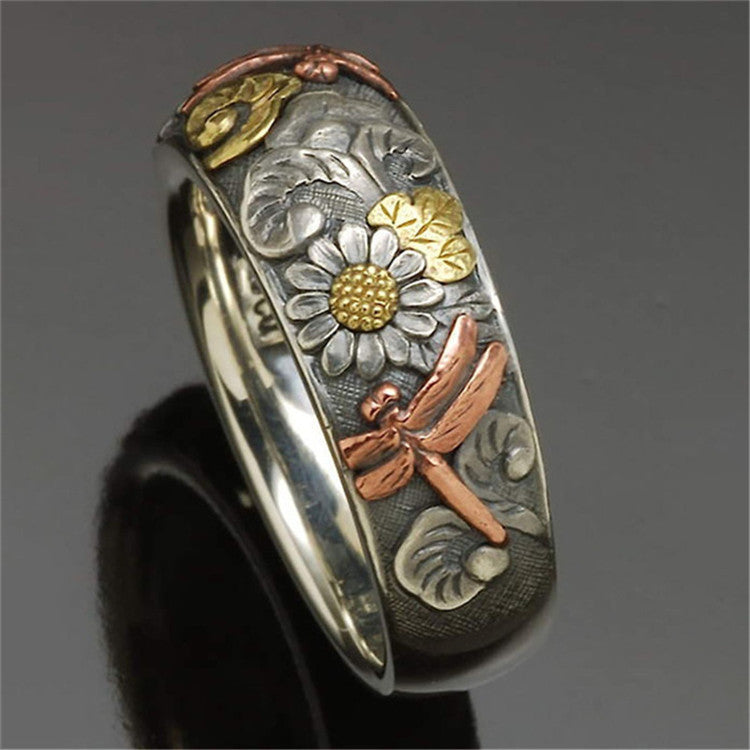 Wholesale Vintage Engraved Flowers Dragonfly Sunflower Ring