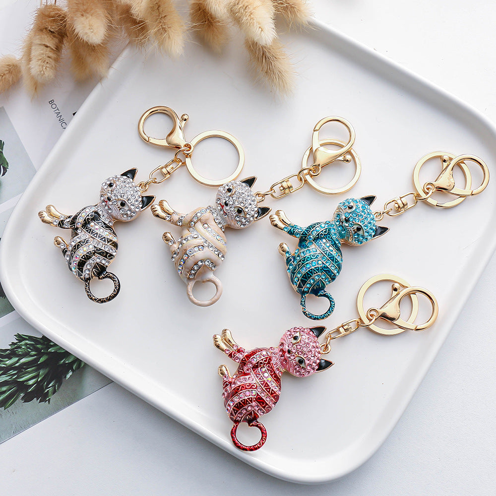 Wholesale Colorful diamond-studded cartoon cat metal keychain