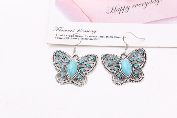 Wholesale Openwork Diamond Butterfly Turquoise Earrings