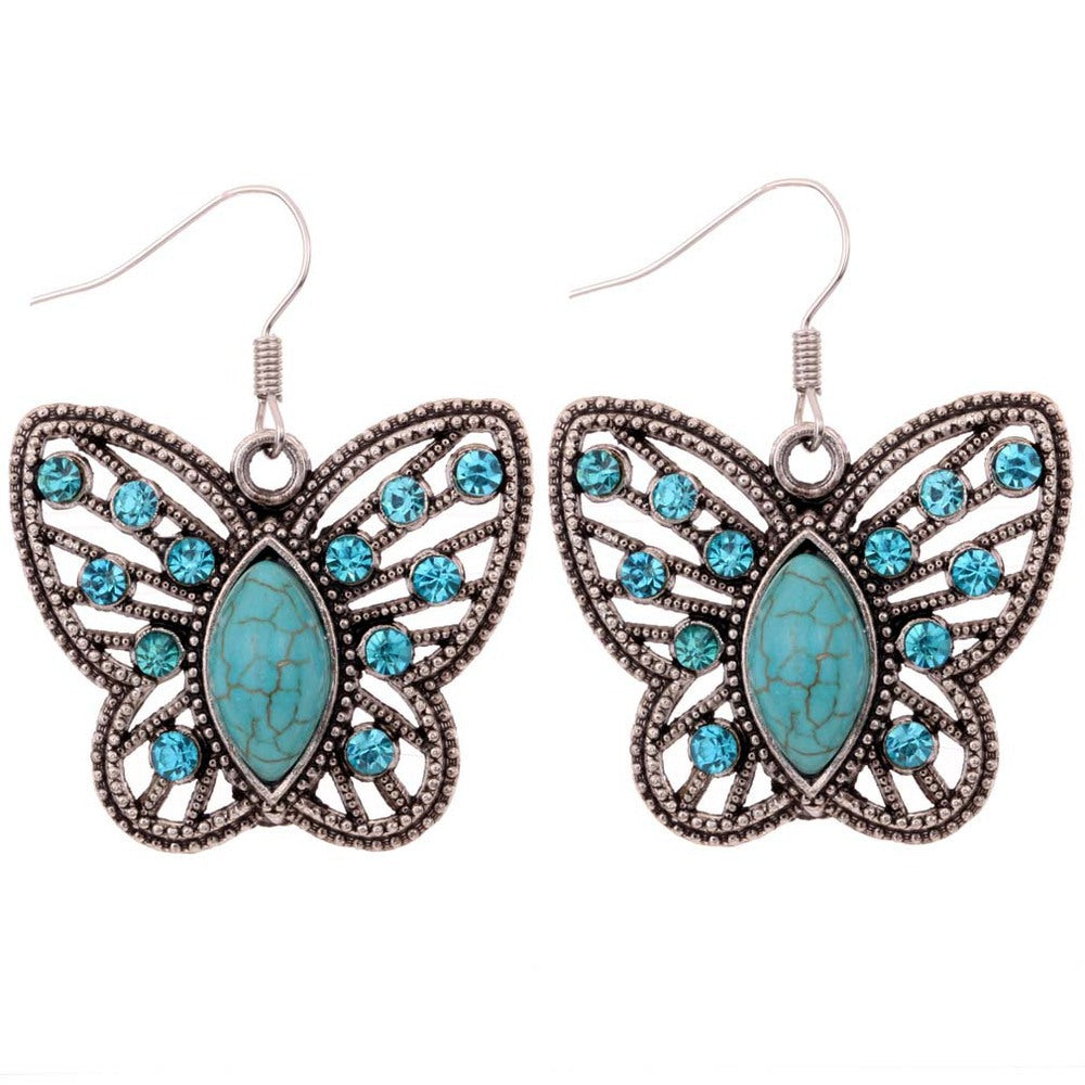Wholesale Openwork Diamond Butterfly Turquoise Earrings