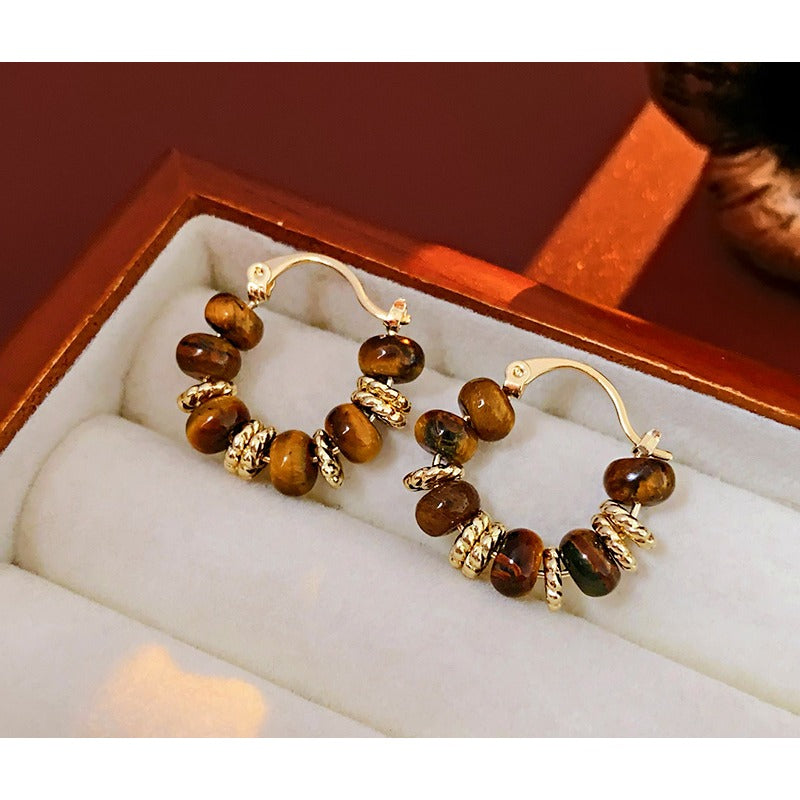 Wholesale Real Gold Electroplating Autumn and Winter Retro Fashion Temperament High-end Round Tiger Eye Stone Earrings