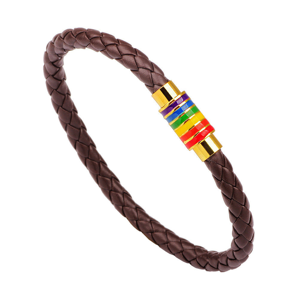 Wholesale Simple Braided Rainbow Magnet Buckle Genuine Leather Bracelet
