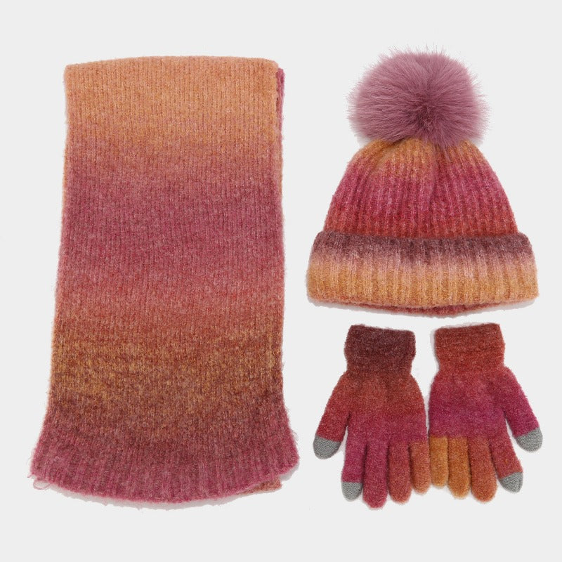 Wholesale Tie-dyed Wool Hat Scarf Gloves Three-piece Set Fashion Wool Ball Knitted Hat Set