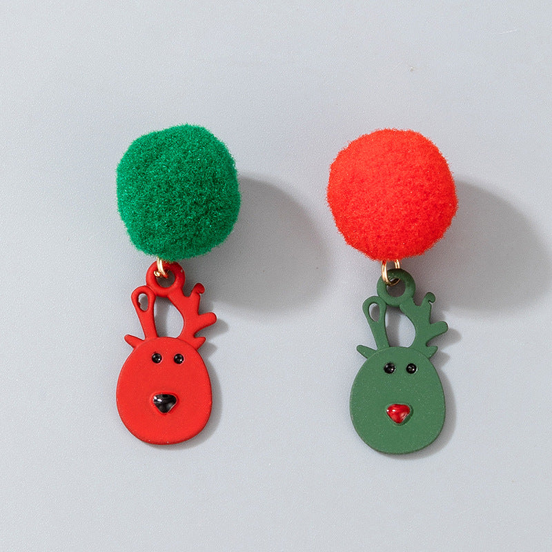 Wholesale Christmas Candy Elk Bells Hair Ball Earrings
