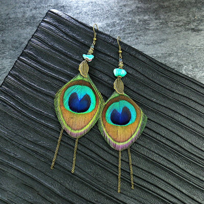 Wholesale Vintage Peacock Feather Exaggerated Earrings