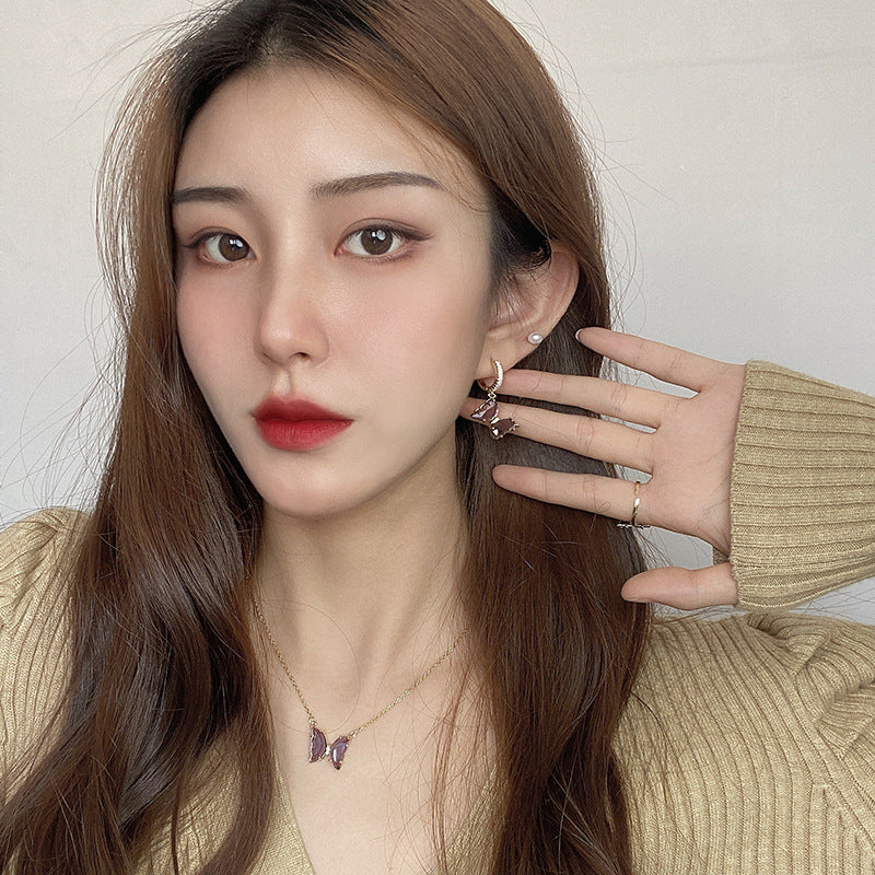 Wholesale Light Luxury Purple Butterfly Clavicle Necklaces Rings And Earrings