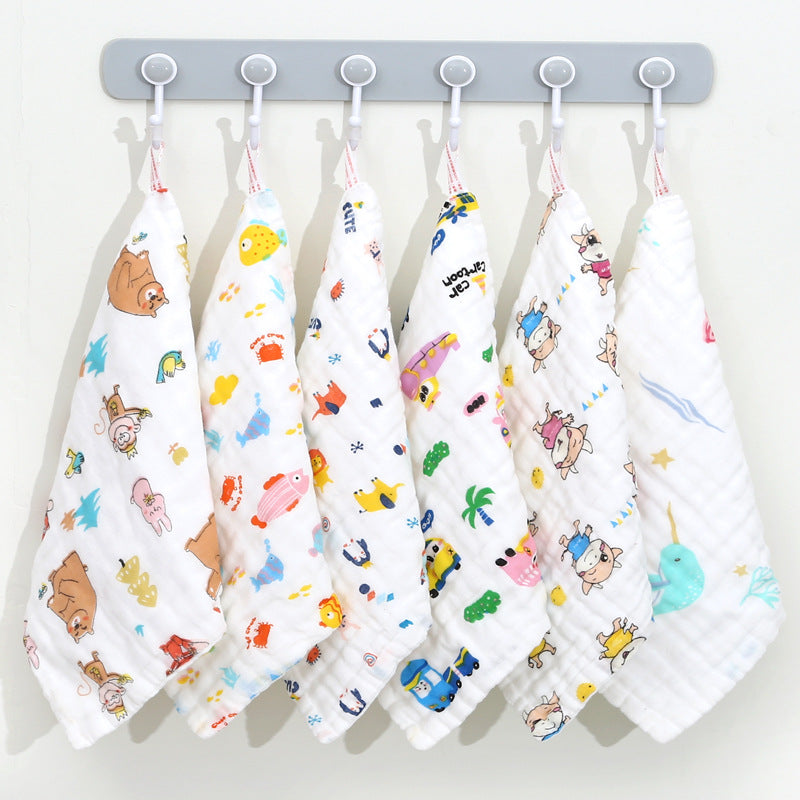 Wholesale Cotton Square Towel Six-Layer Spit Towel High Density Children's Cotton Small Towel Pleated Printed Handkerchief Gauze Wipe Towel