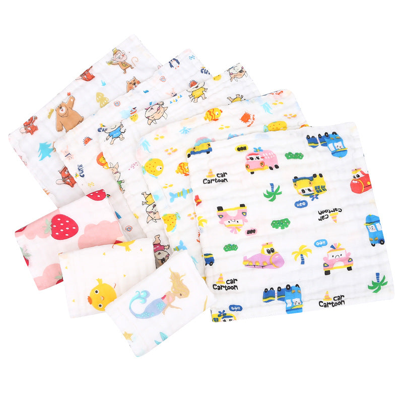 Wholesale Cotton Square Towel Six-Layer Spit Towel High Density Children's Cotton Small Towel Pleated Printed Handkerchief Gauze Wipe Towel