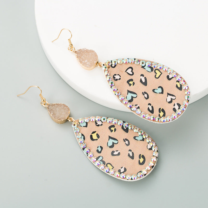 Wholesale Creative teardrop-shaped leather print inlaid rhinestone earrings
