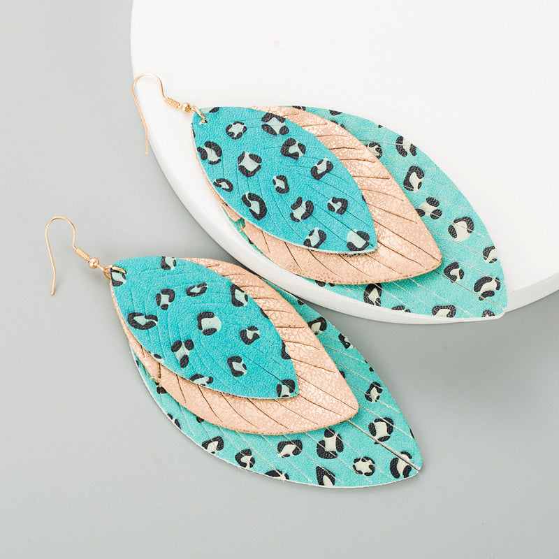 Wholesale Creative exaggerated multi-layer leather printed leaf shape Bohemian earrings