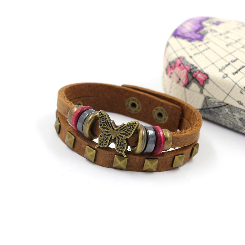 Wholesale butterfly leather bracelet alloy rivet bracelet