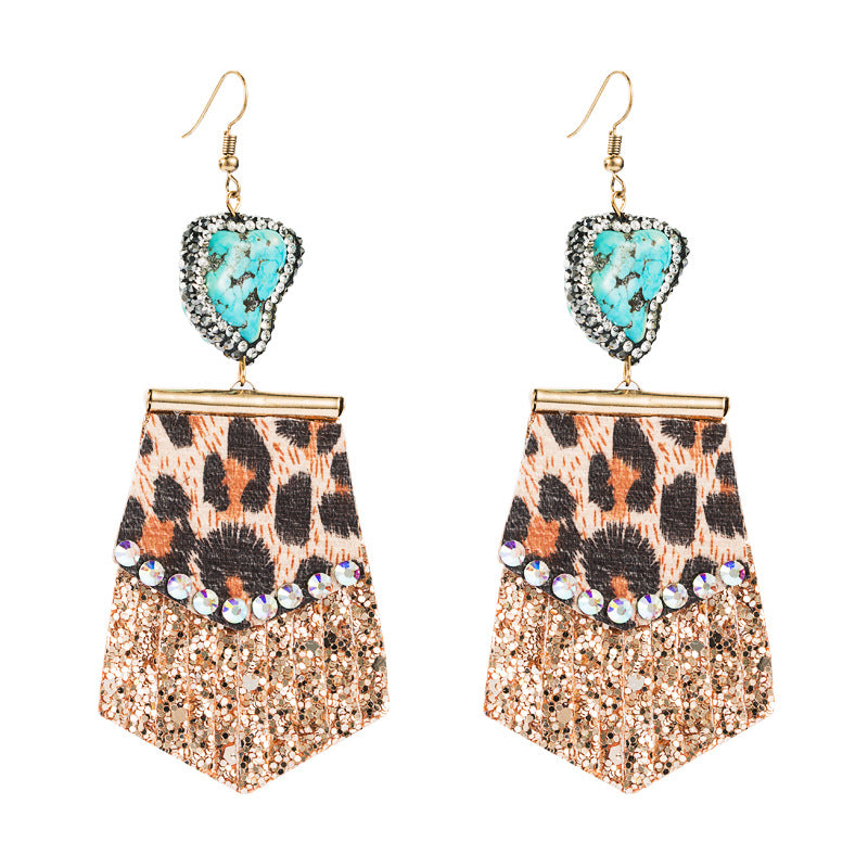 Wholesale Leopard print long leather full diamond exaggerated earrings