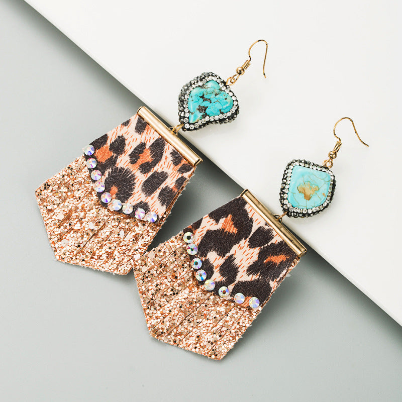 Wholesale Leopard print long leather full diamond exaggerated earrings