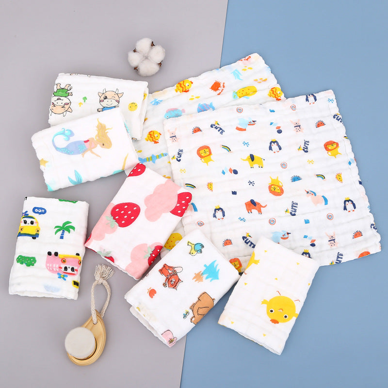 Wholesale Cotton Square Towel Six-Layer Spit Towel High Density Children's Cotton Small Towel Pleated Printed Handkerchief Gauze Wipe Towel