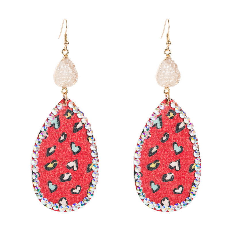 Wholesale Creative teardrop-shaped leather print inlaid rhinestone earrings