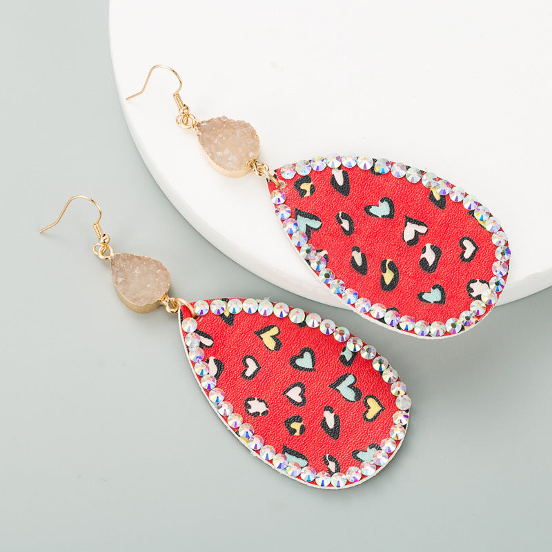 Wholesale Creative teardrop-shaped leather print inlaid rhinestone earrings