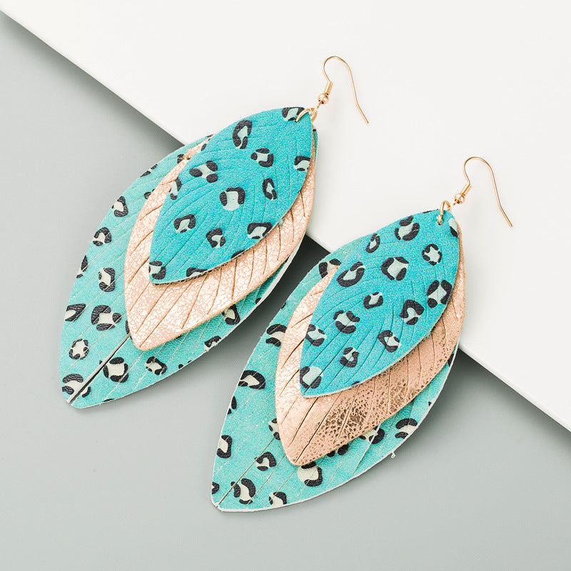 Wholesale Creative exaggerated multi-layer leather printed leaf shape Bohemian earrings