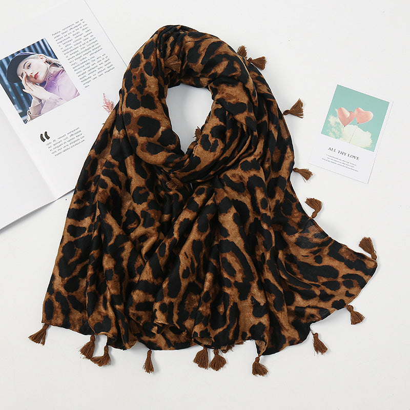 Wholesale Leopard Print Cotton and Linen Tassel Scarves