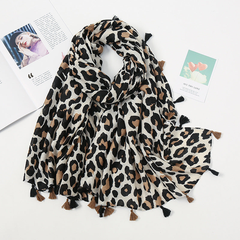 Wholesale Leopard Print Cotton and Linen Tassel Scarves