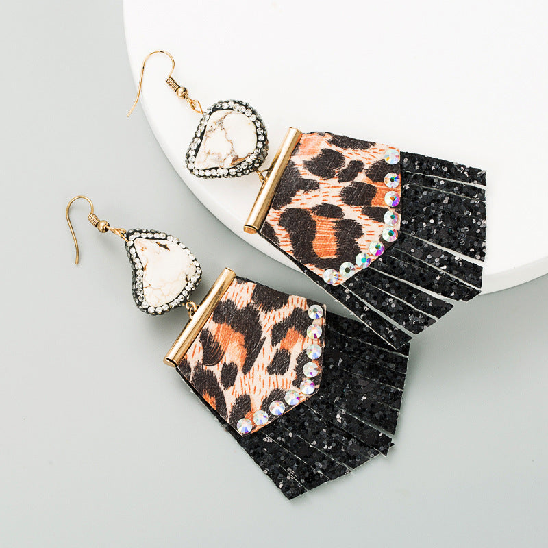 Wholesale Leopard print long leather full diamond exaggerated earrings
