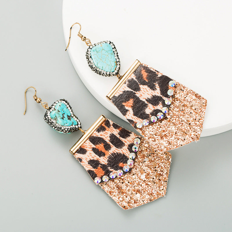 Wholesale Leopard print long leather full diamond exaggerated earrings