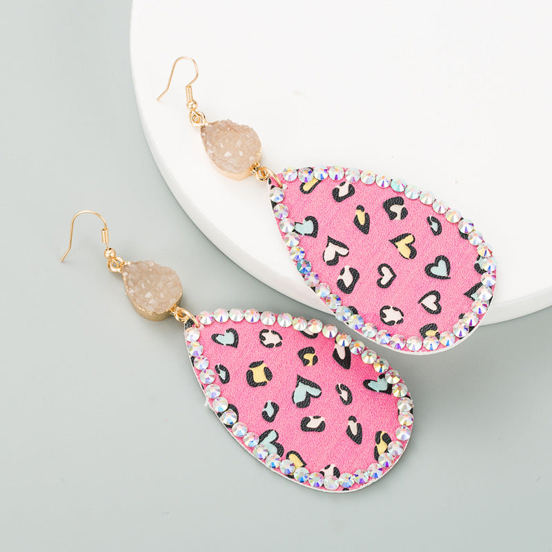 Wholesale Creative teardrop-shaped leather print inlaid rhinestone earrings