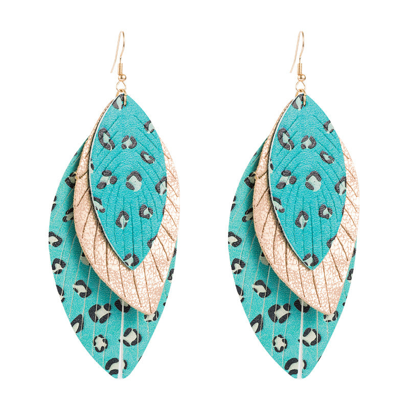 Wholesale Creative exaggerated multi-layer leather printed leaf shape Bohemian earrings
