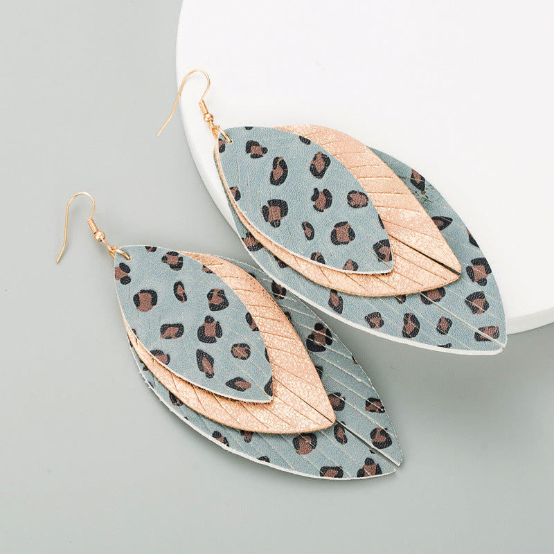 Wholesale Creative exaggerated multi-layer leather printed leaf shape Bohemian earrings