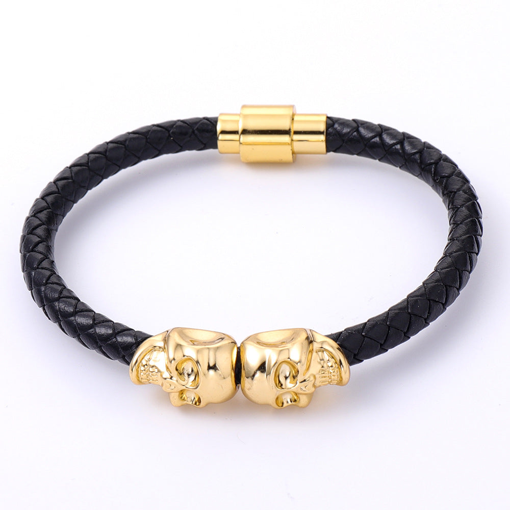Wholesale men's cowhide punk style skull head Bracelet