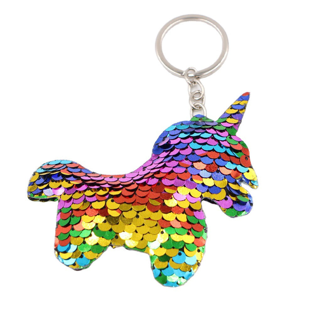 Wholesale Stylish Double Sided Sequined Unicorn Horse Head Keychain Bag Charm Car Key Accessory Party Gift