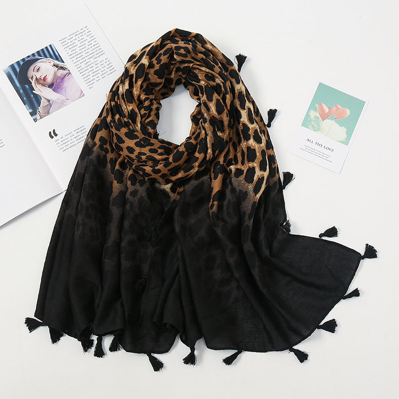 Wholesale Leopard Print Cotton and Linen Tassel Scarves
