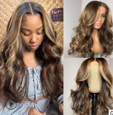 Wholesale Middle-parted gradient yellow long curly hair women's big wave rose net wig