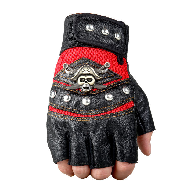 Wholesale Skull Head Rivet Half Finger Leather Gloves