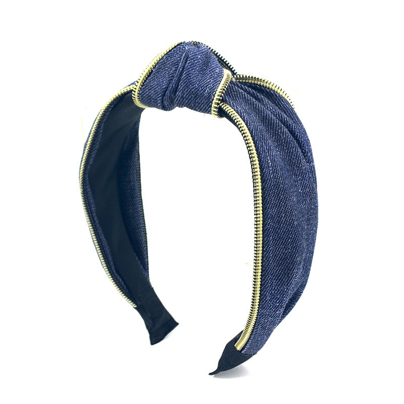 Wholesale Denim Wide Brim Fabric Zipper Headband