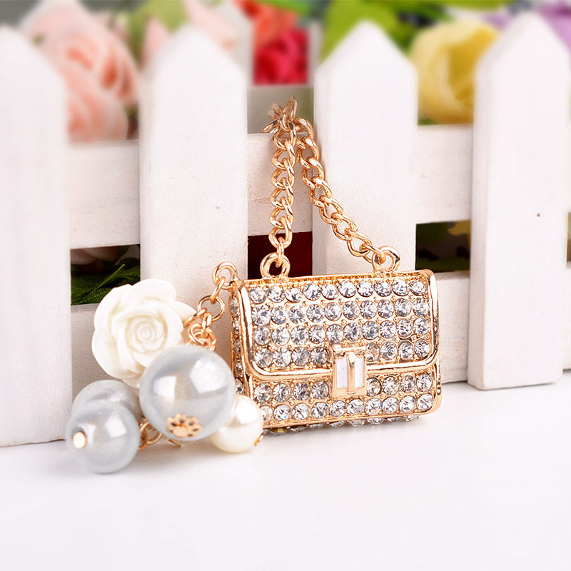 Wholesale Pearl Bag Alloy Rhinestone Keychain