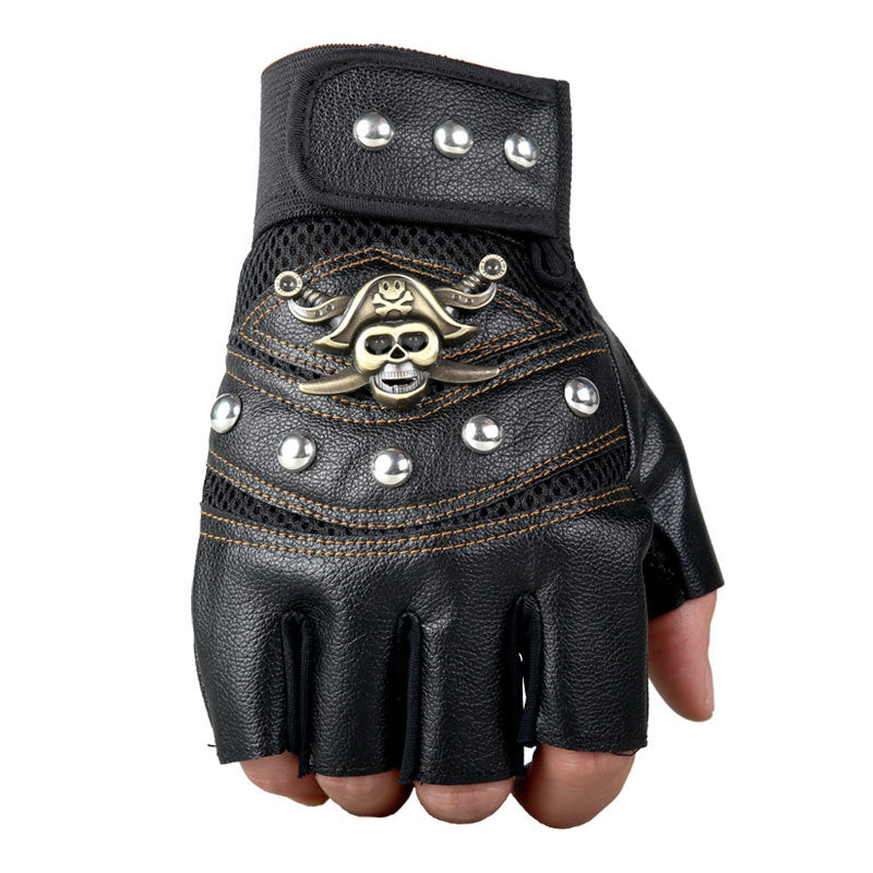 Wholesale Skull Head Rivet Half Finger Leather Gloves