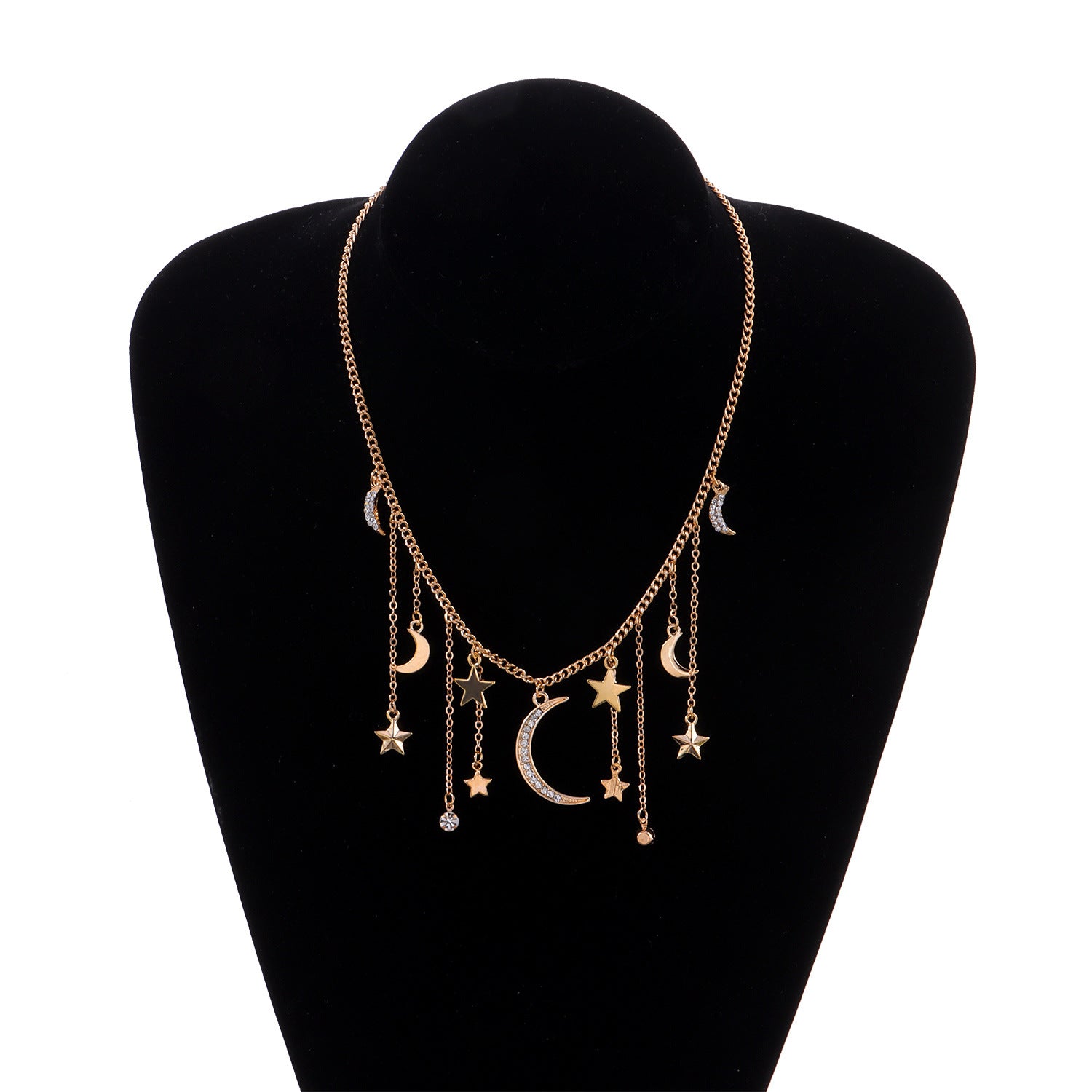 Wholesale Full Diamond Crescent Five Pointed Star Tassel Pendant Alloy Necklace