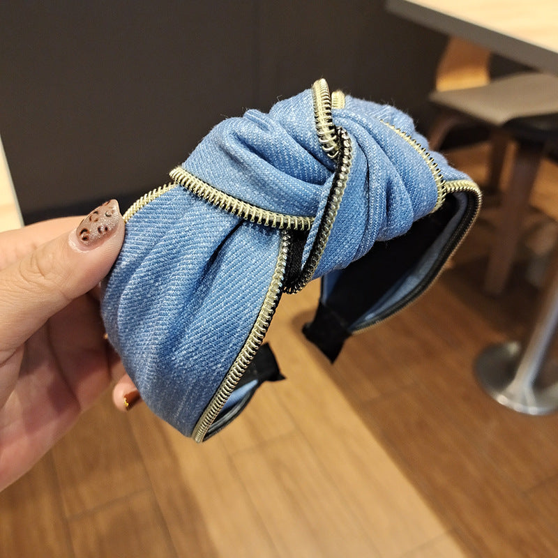Wholesale Denim Wide Brim Fabric Zipper Headband
