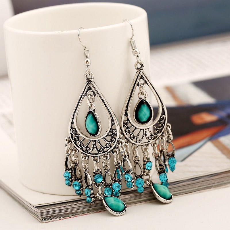 Wholesale Fashion Creative Bohemian Vintage Carved Waterdrop Gemstone Tassel Earrings