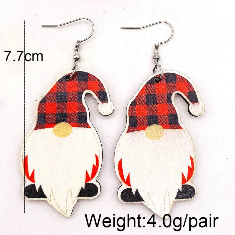 Wholesale Christmas red plaid dwarf wood earrings