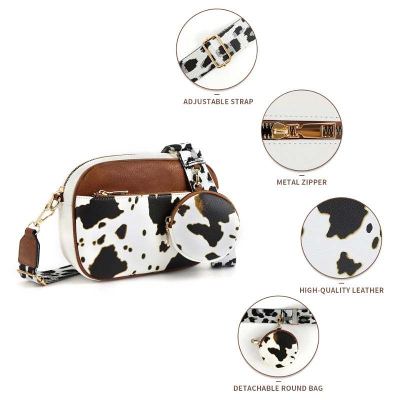 Wholesale Cow Pattern Colorblock Retro Zipper Shoulder Strap Crossbody Bag