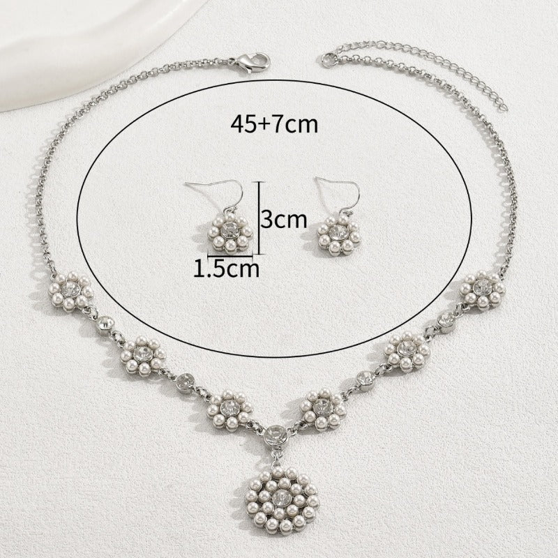 Wholesale Zircon Inlaid Pearl Flower Earring Earrings and Necklace Set