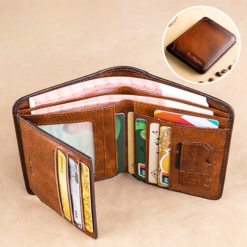 Wholesale Men's Wallet RFID Anti-theft Brushed Genuine Leather Wallet